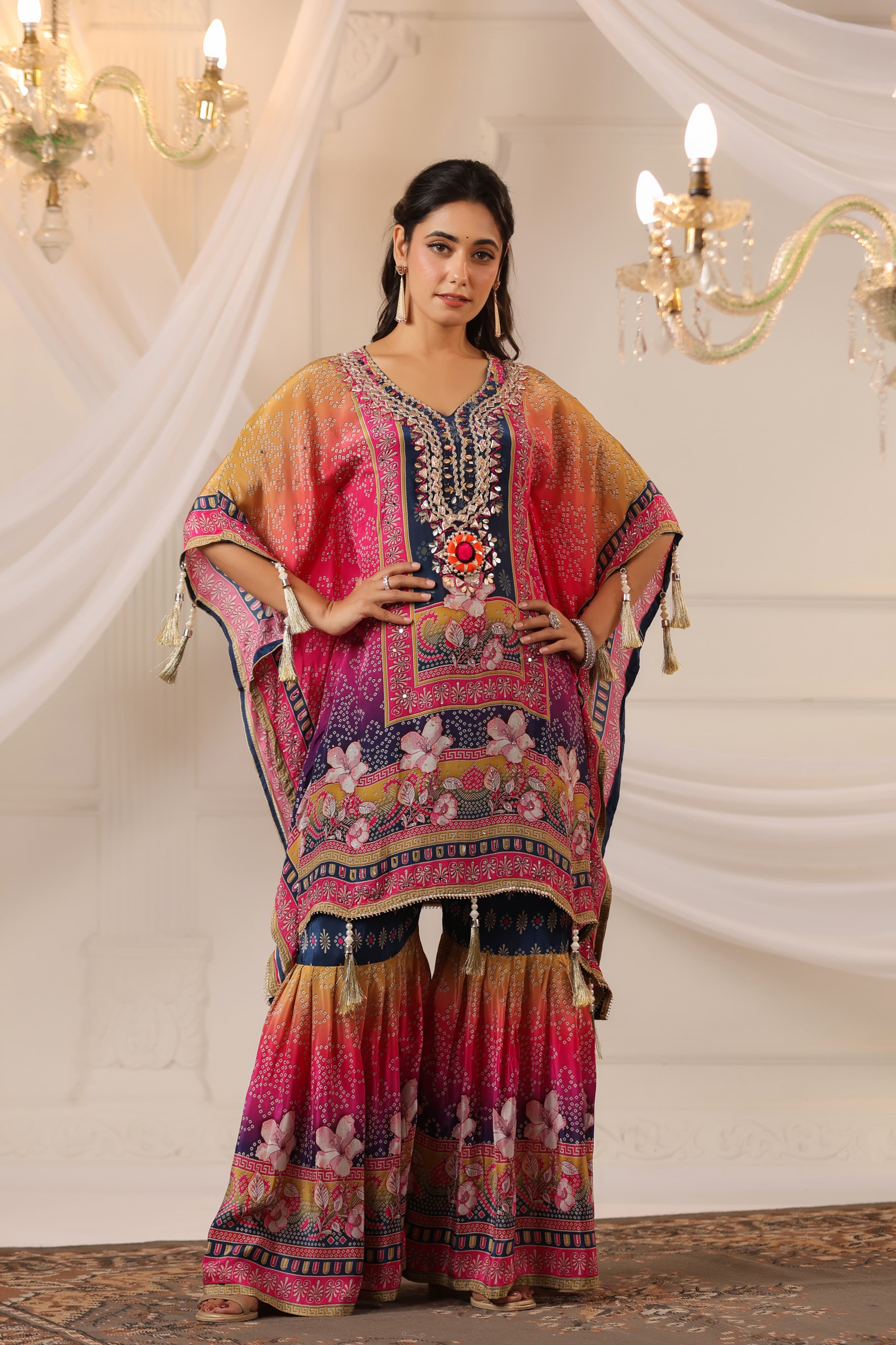 Embroidered Crepe Kaftan Suit