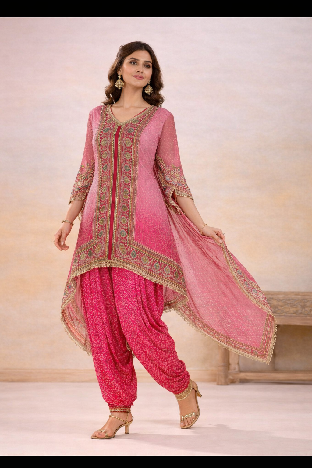 Pink Embroidered Kaftan with Dhoti Pants
