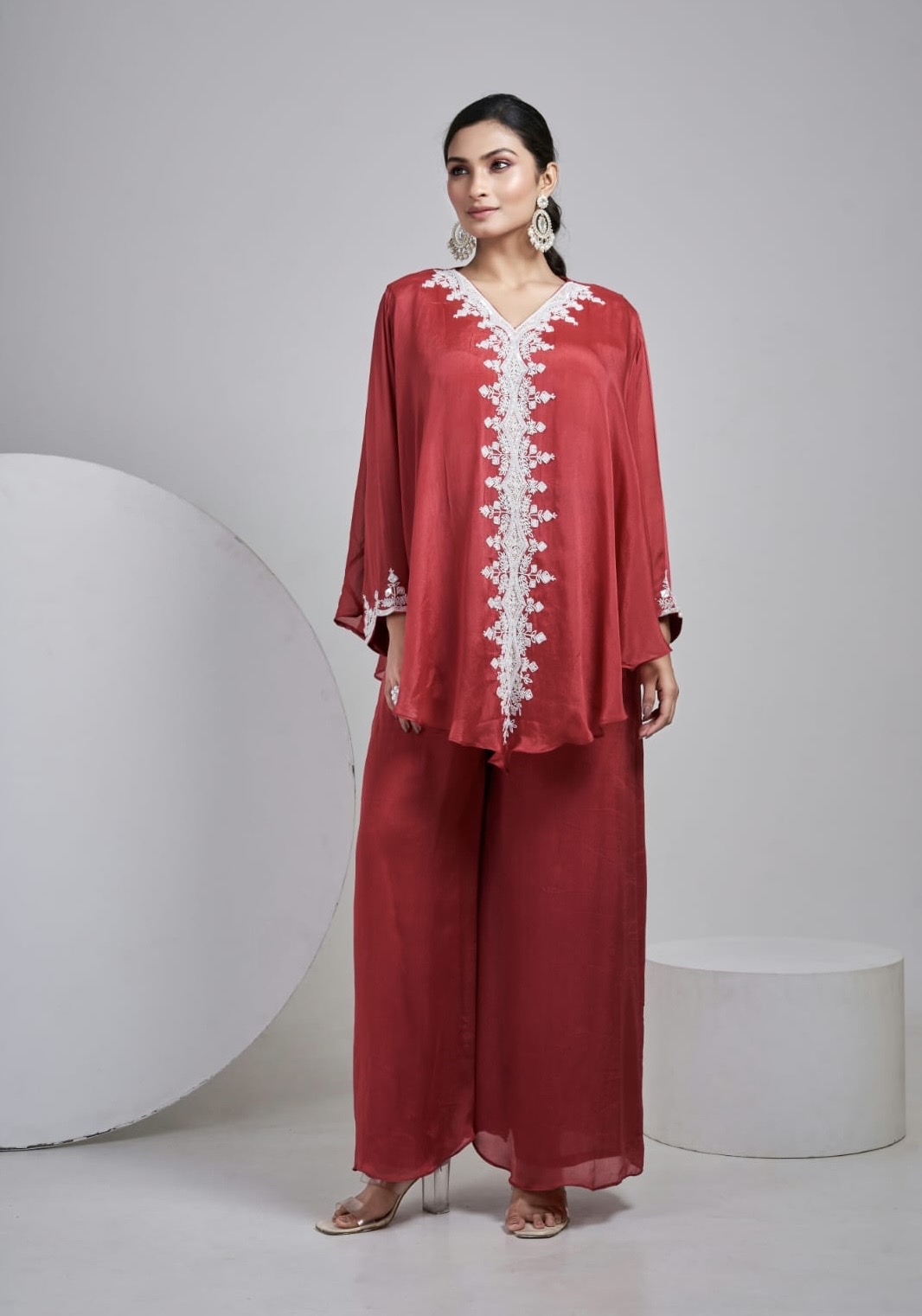 Blue and Red Embroidered Kaftan Set