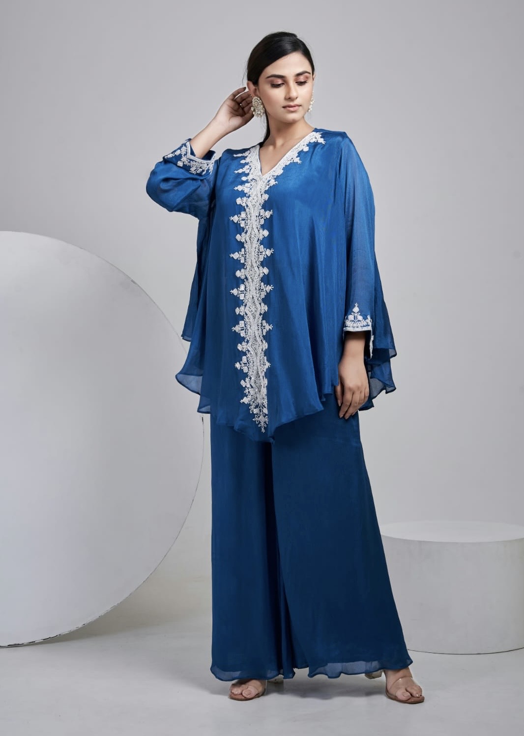 Blue and Red Embroidered Kaftan Set