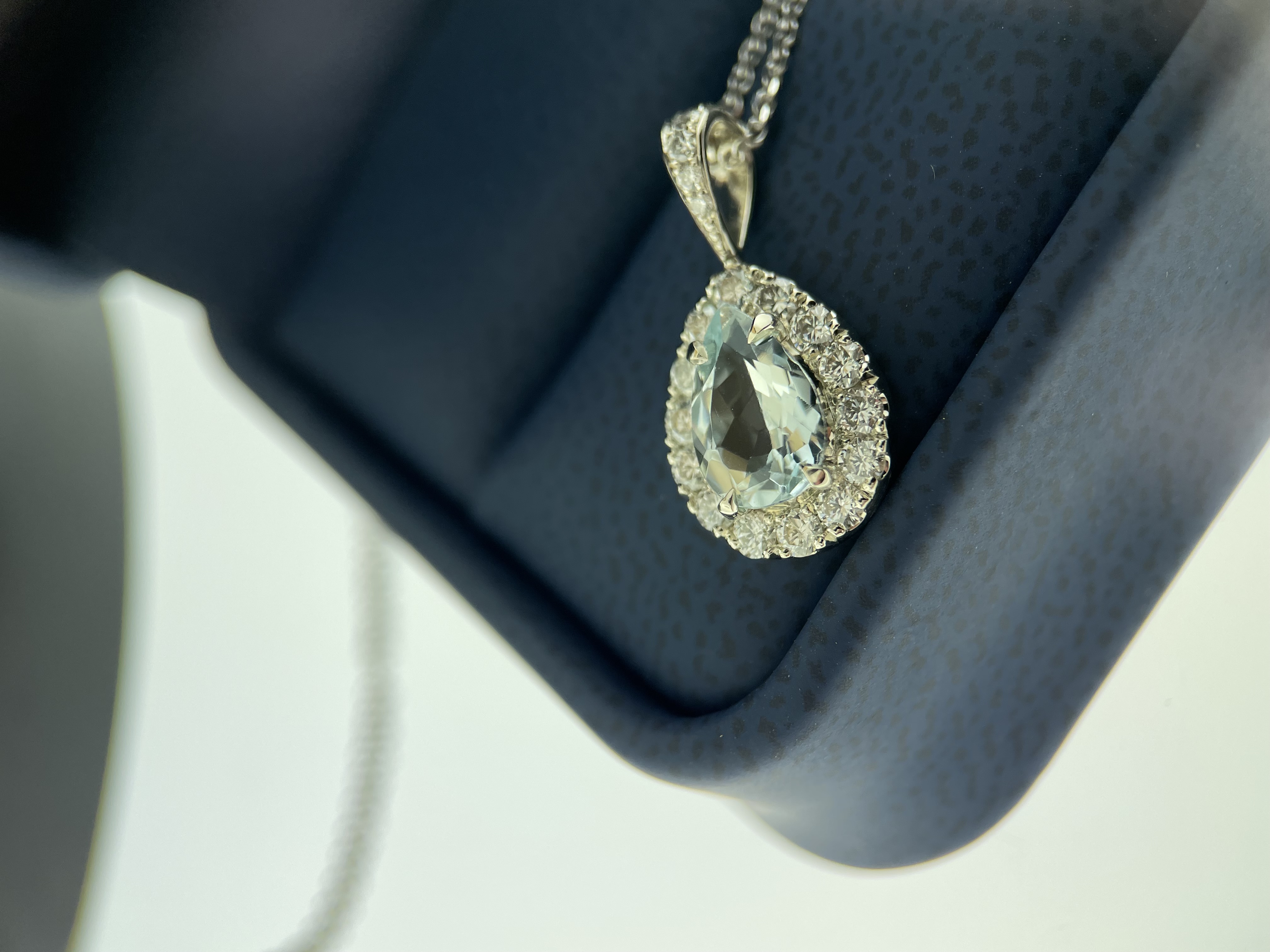 18k white pear halo aquamarine and diamond pendant