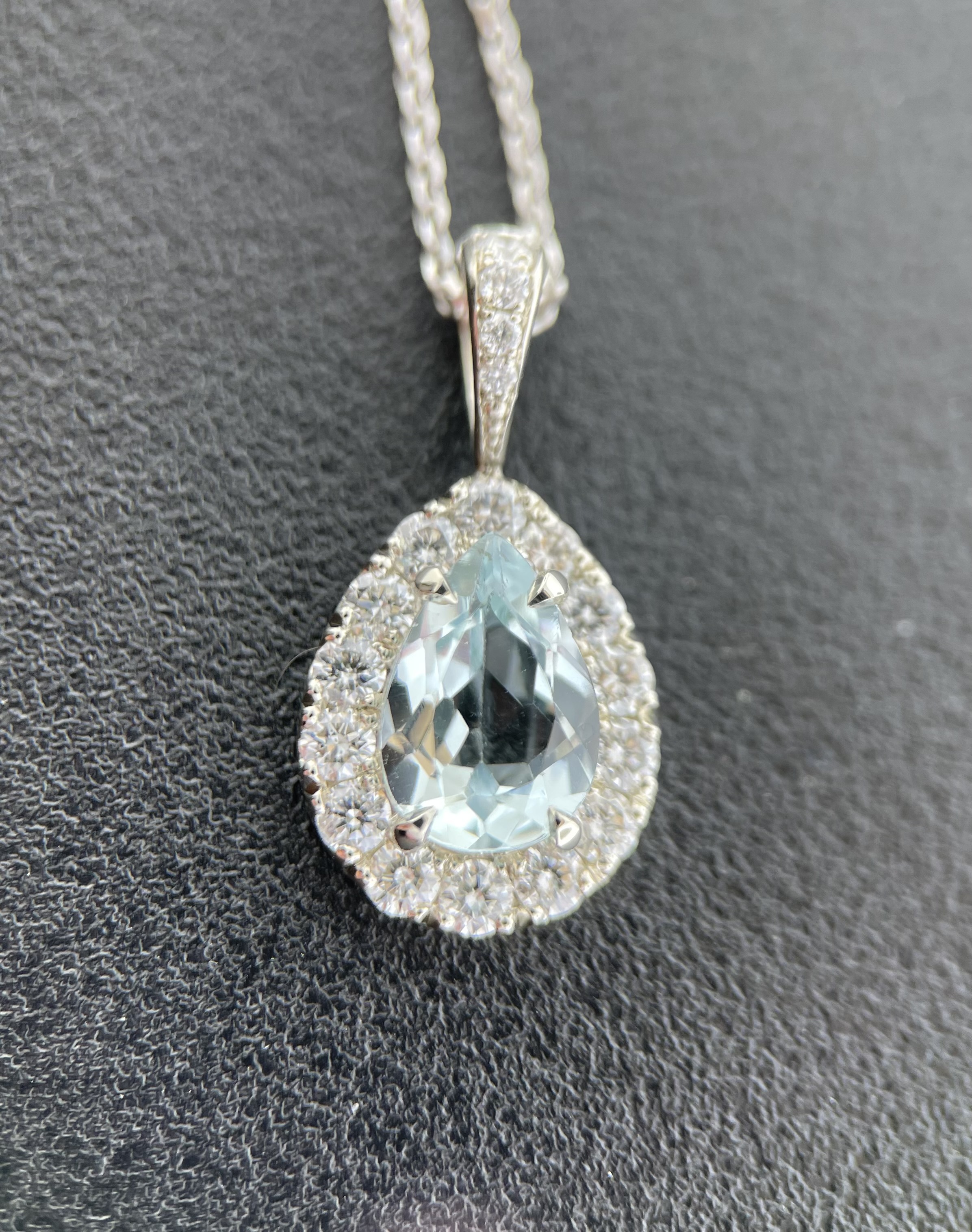 18k white pear halo aquamarine and diamond pendant