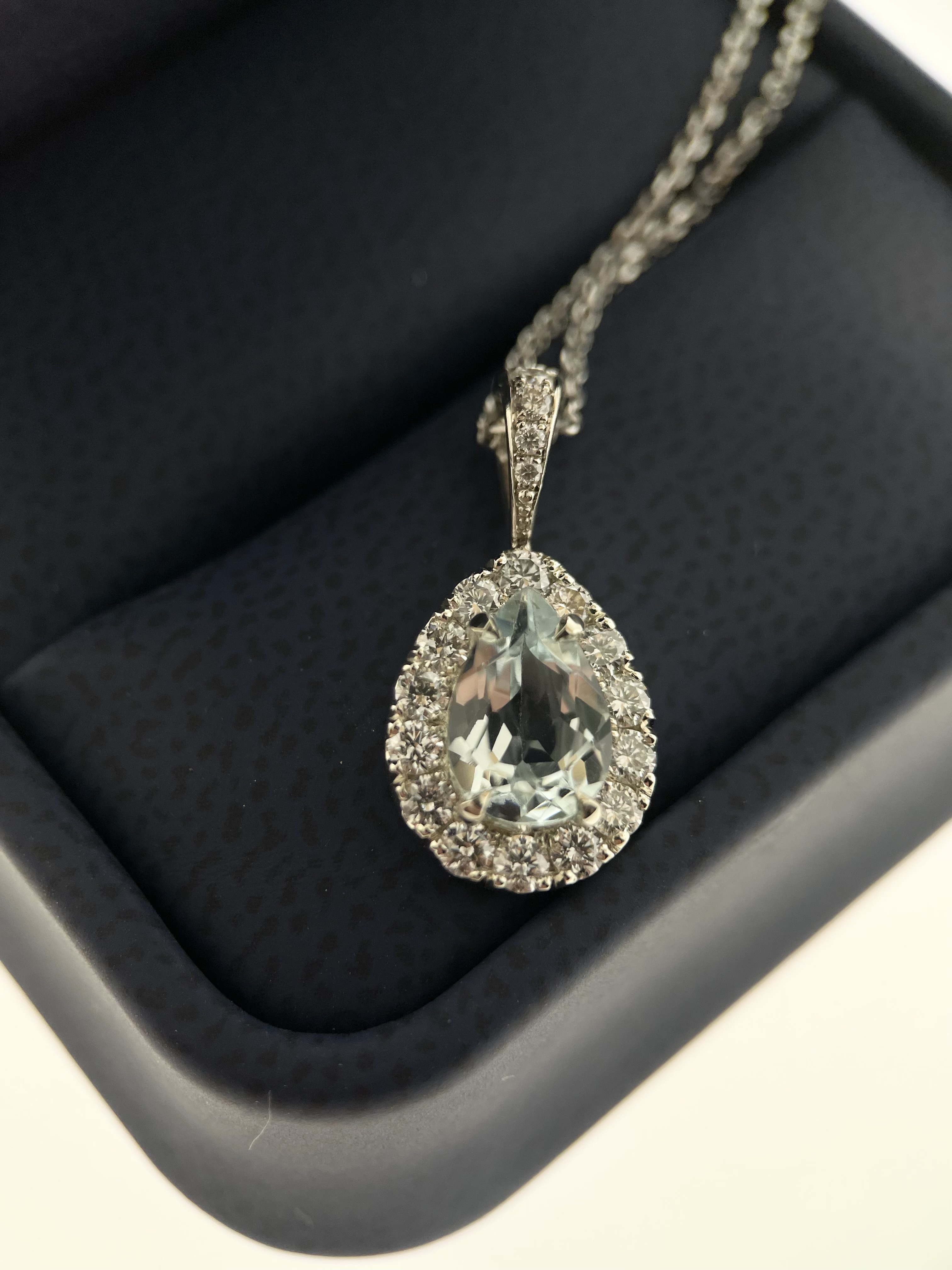 18k white pear halo aquamarine and diamond pendant