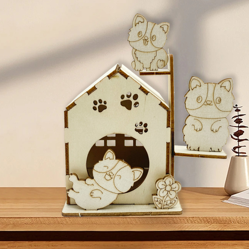 Paint Your Own Wooden Cat House Model