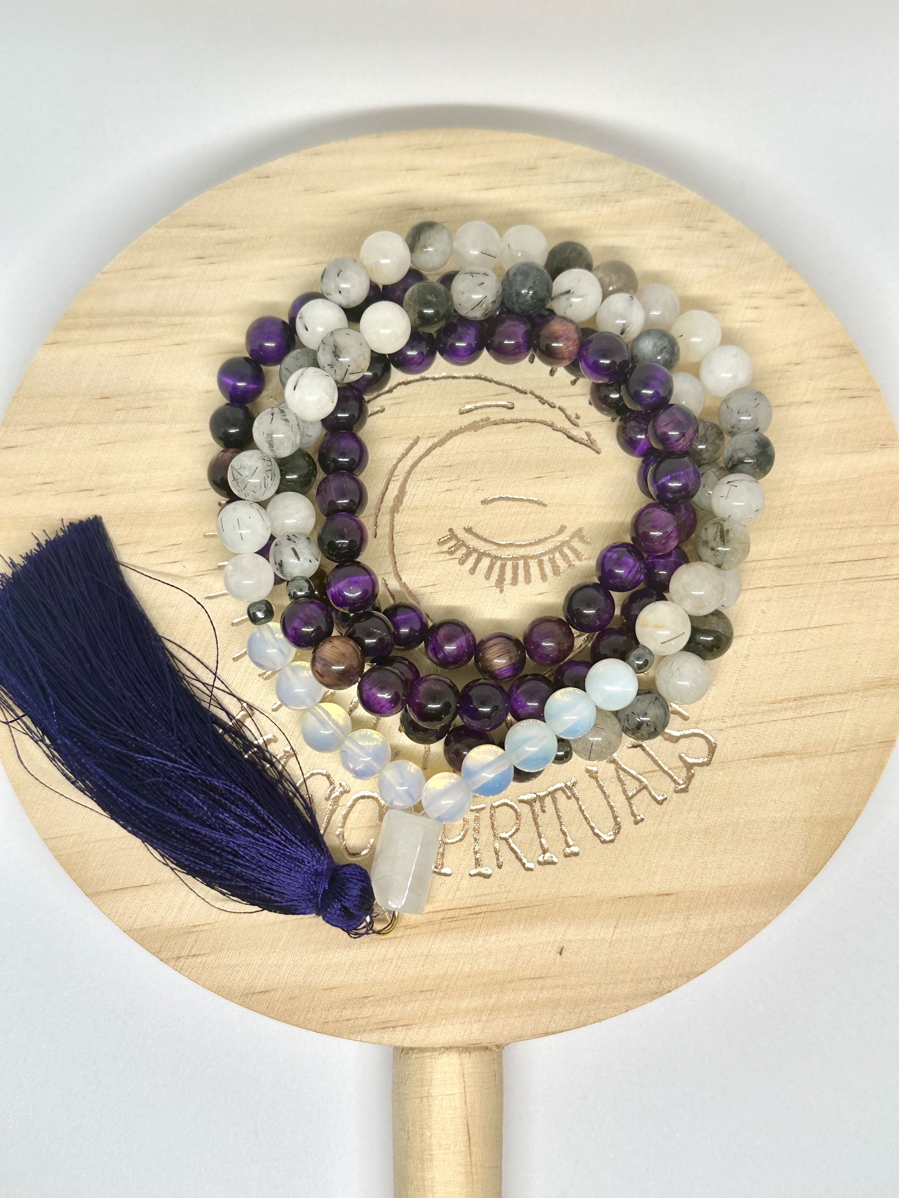 Ojo de Tigre Morado, Piedra Luna, Cuarzo Blanco y Turmalinado