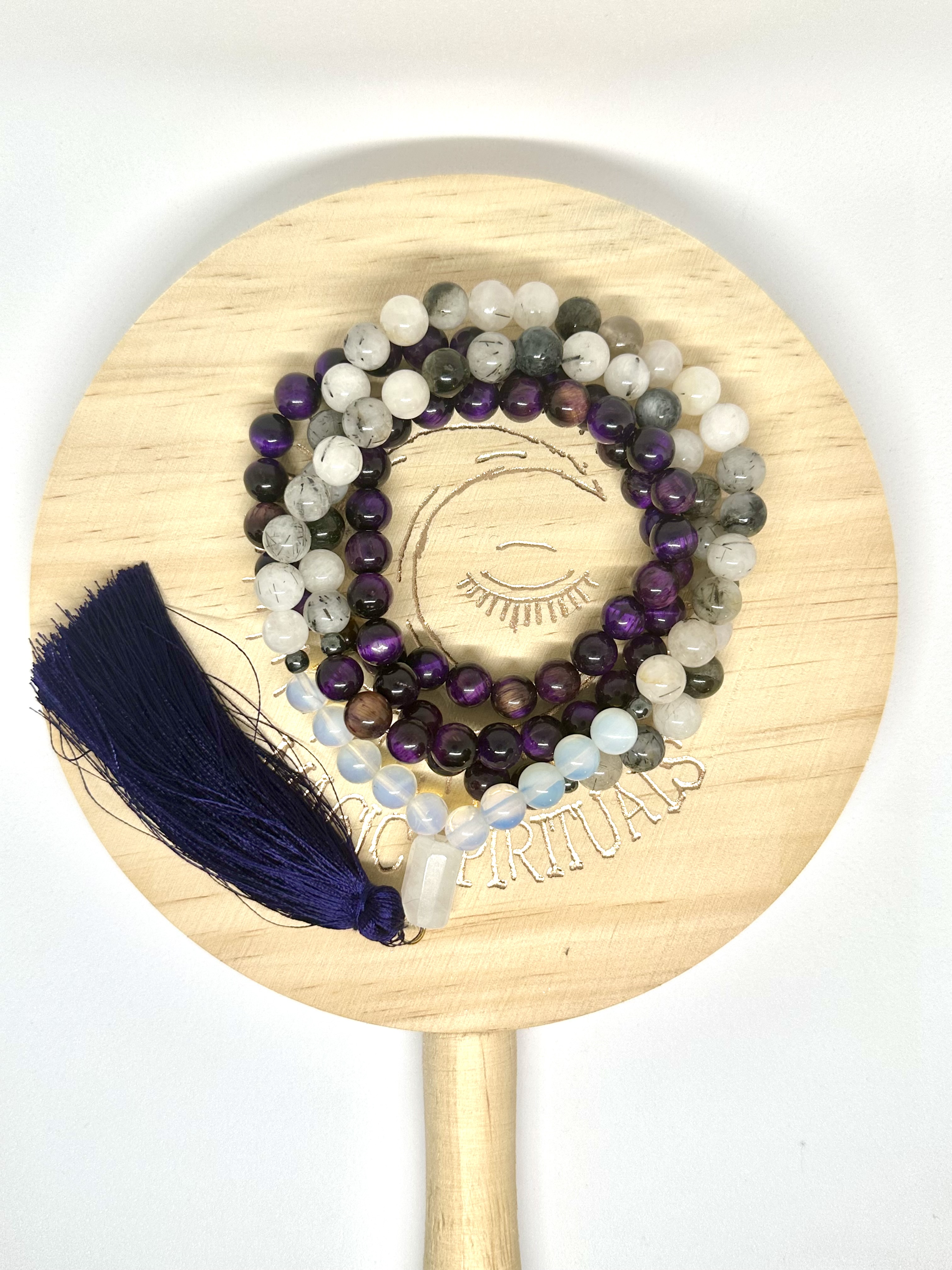 Ojo de Tigre Morado, Piedra Luna, Cuarzo Blanco y Turmalinado