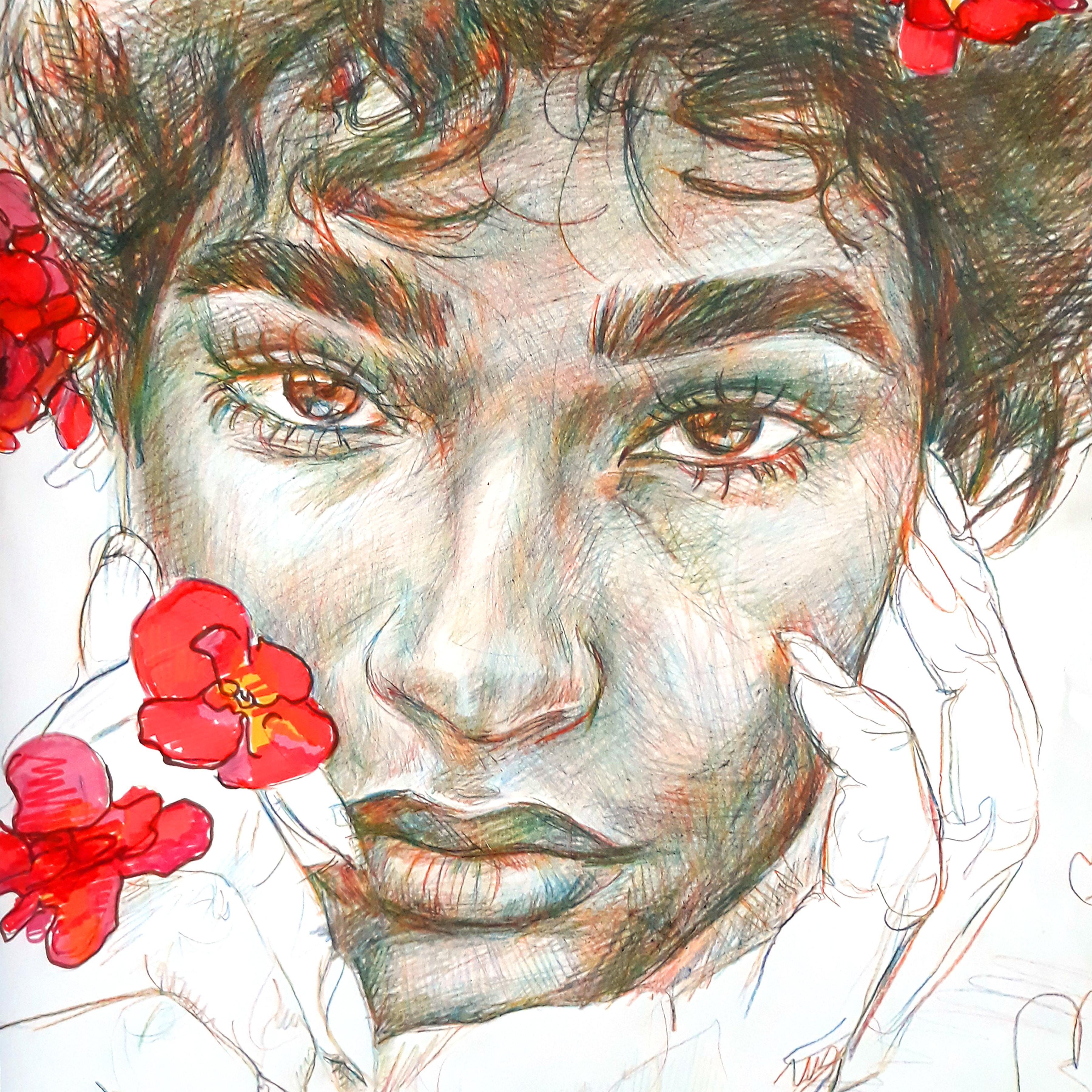 Portrait Art with Floral Accents