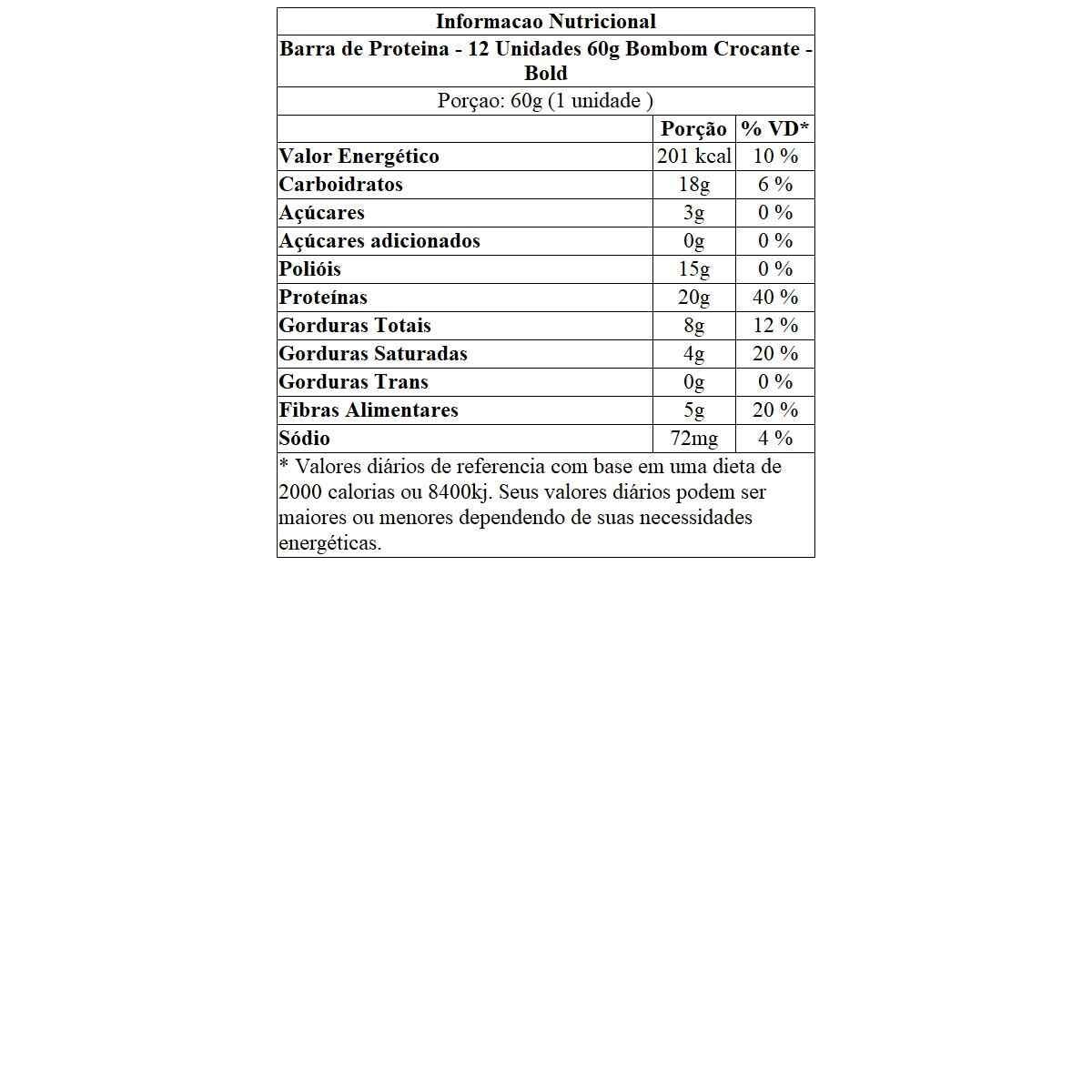 Barra de Proteina - 12 Unidades 60g Bombom Crocante - Bold