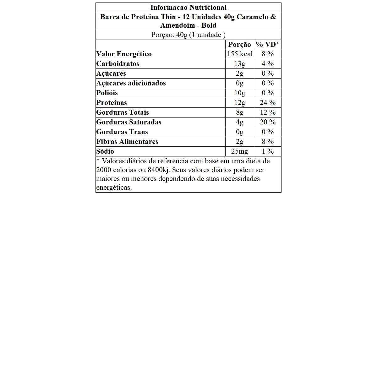 Barra de Proteina Thin - 12 Unidades 40g Caramelo & Amendoim - Bold