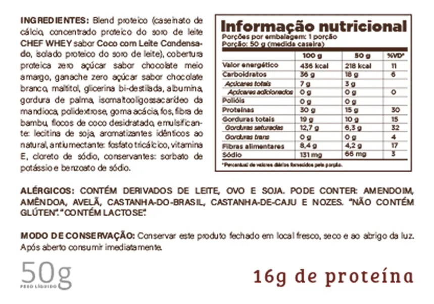 Barra de Proteína Coco com Leite Condensado 50g Chef Whey + Paris 6