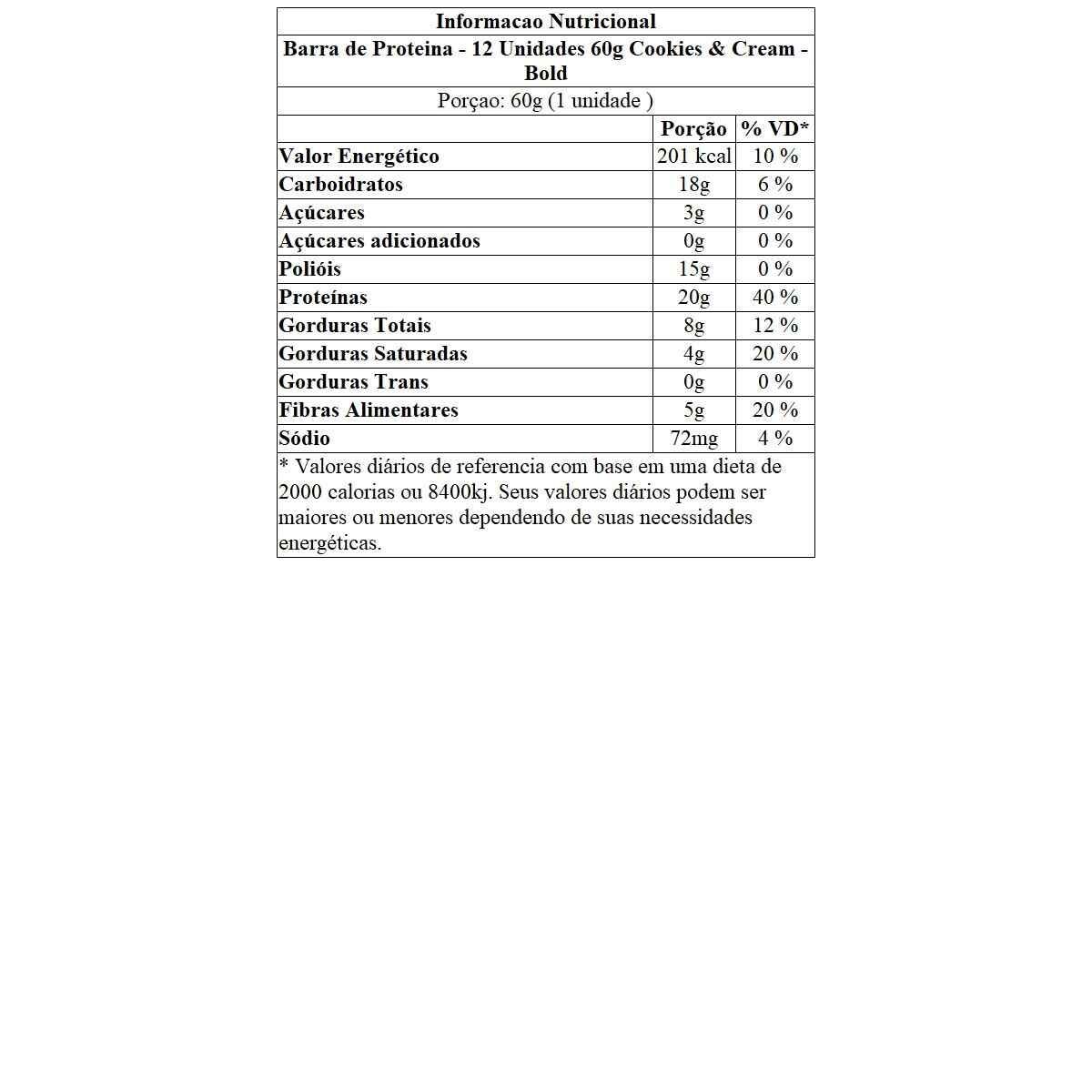 Barra de Proteina - 12 Unidades 60g Cookies & Cream - Bold