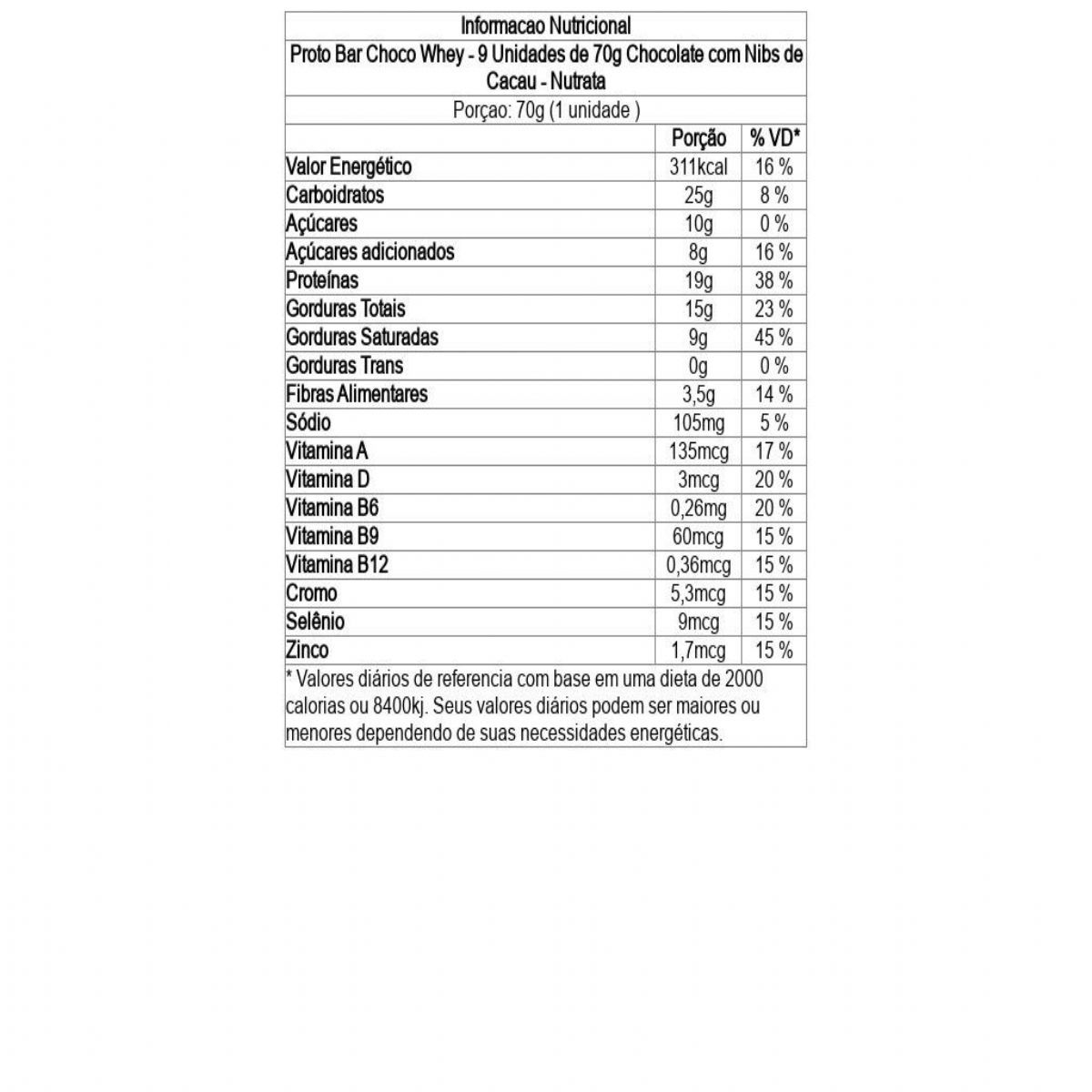 Proto Bar Choco Whey - 9 Unidades de 70g Chocolate com Nibs de Cacau - Nutrata