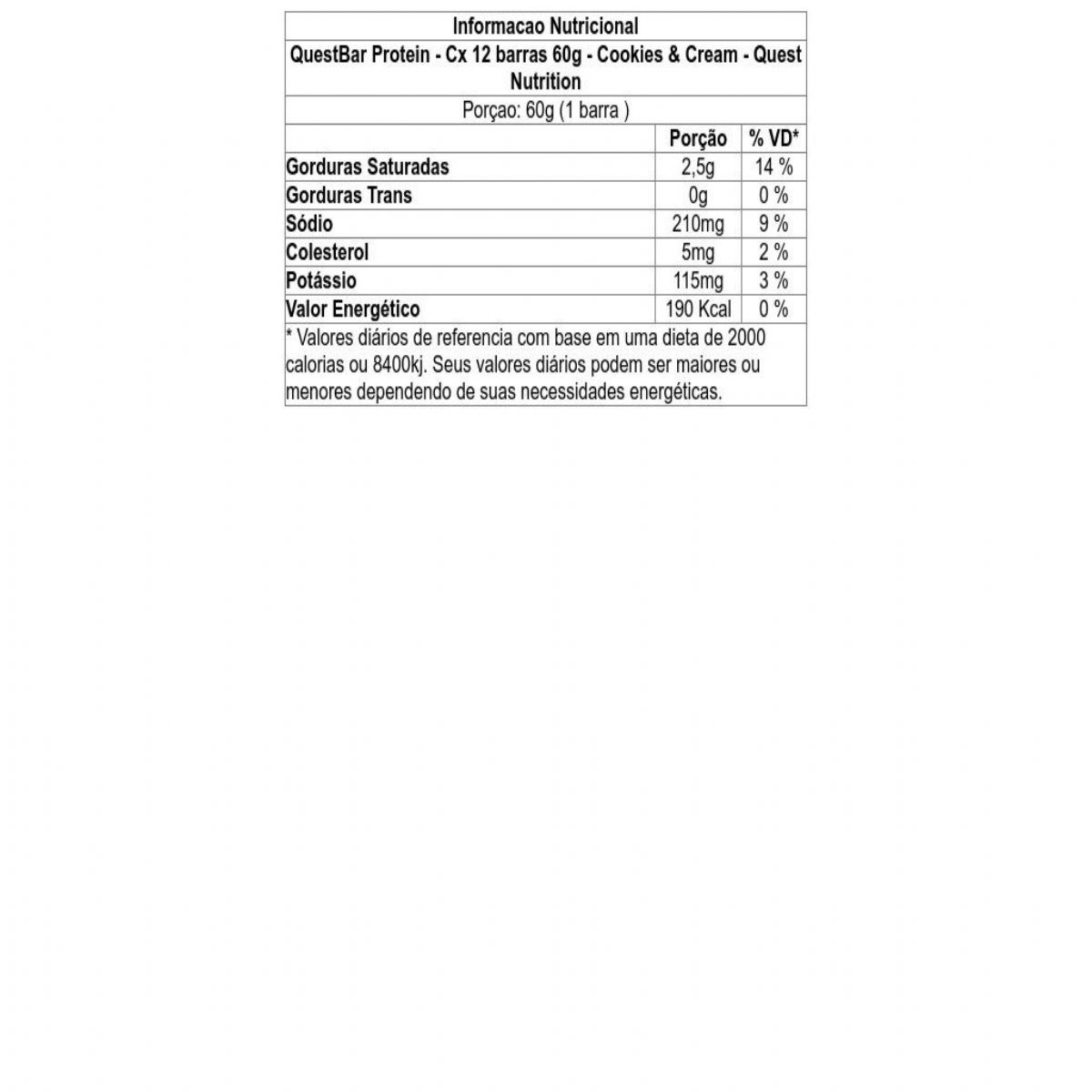 QuestBar Protein - Cx 12 barras 60g - Cookies & Cream - Quest Nutrition