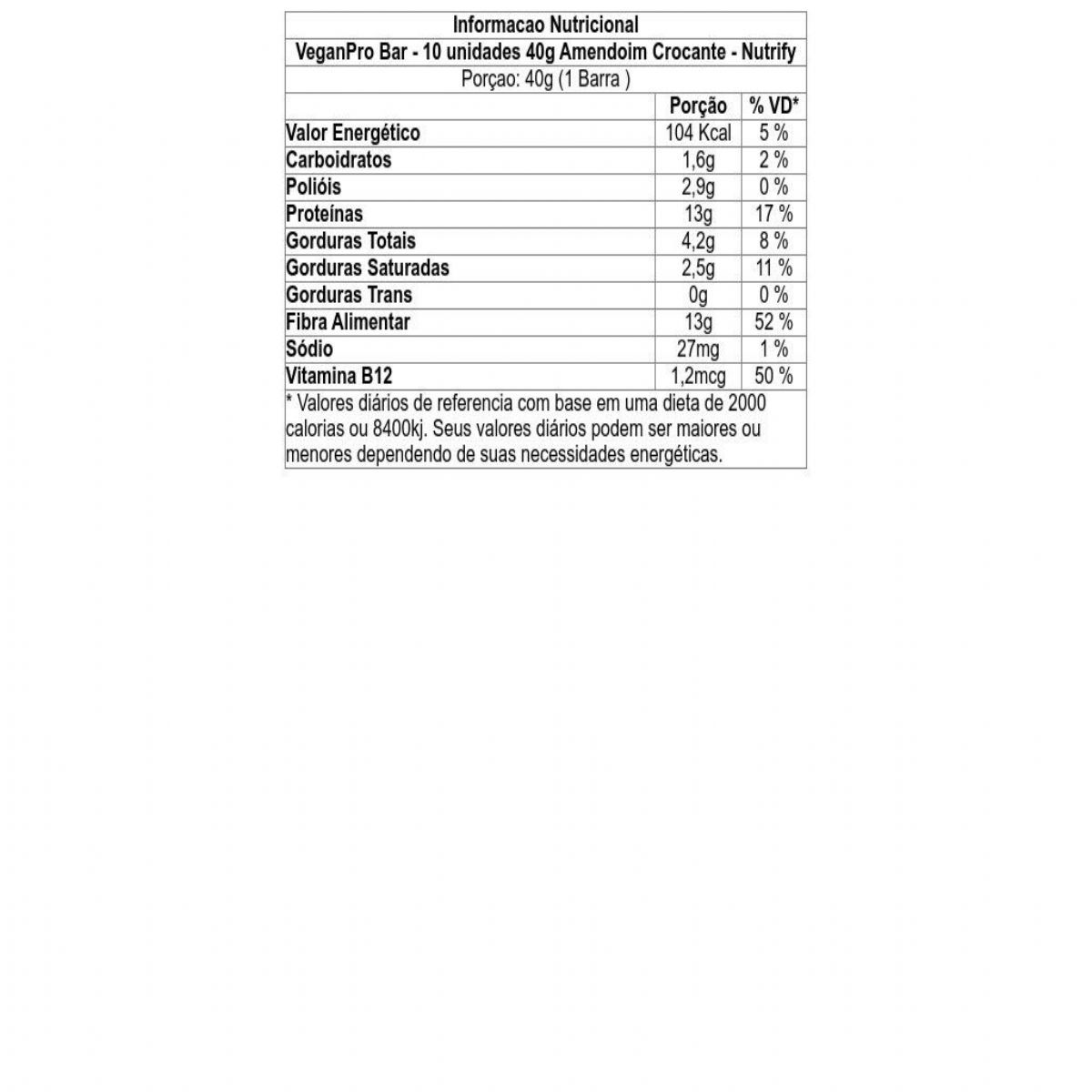 VeganPro Bar - 10 unidades 40g Amendoim Crocante - Nutrify