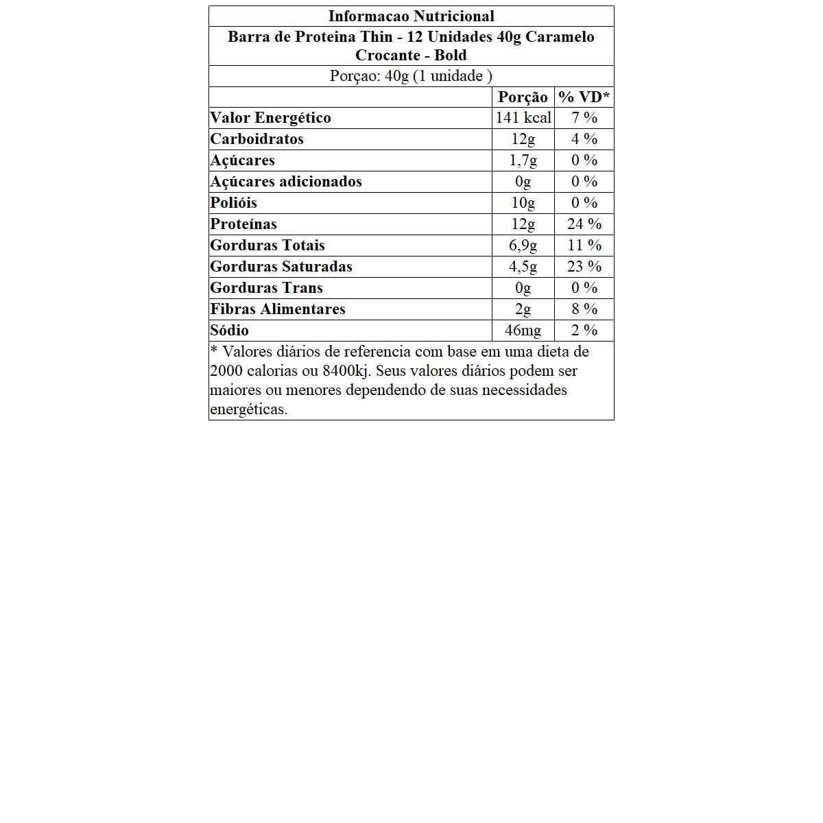 Barra de Proteina Thin - 12 Unidades 40g   - Bold