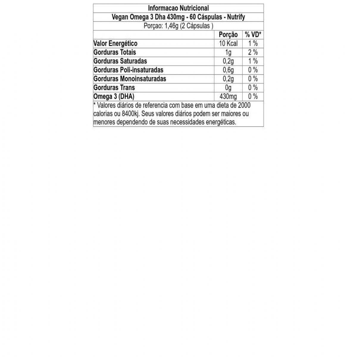 Vegan Omega 3 Dha 430mg - 60 Cápsulas -  