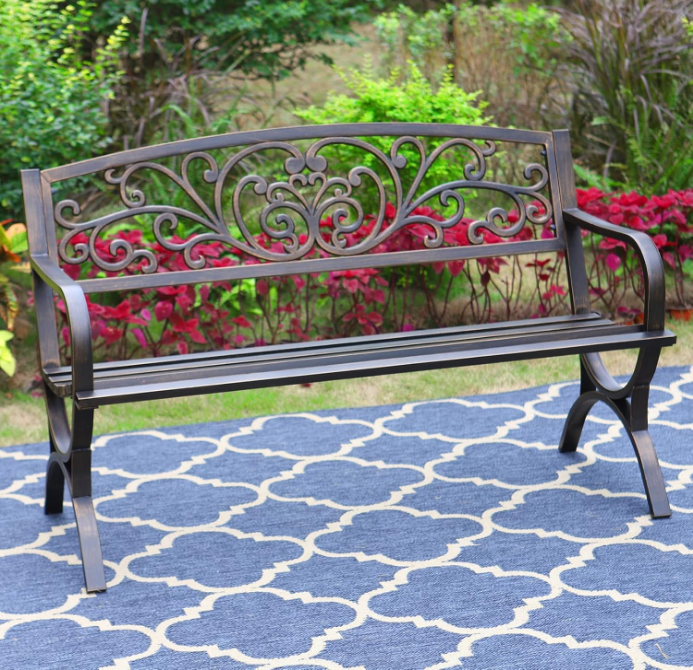 50 Inches Outdoor Garden Bench, Cast Iron Metal Frame Patio Park Bench with Floral Pattern Backrest, Arch Legs for Porch, Lawn, Yard-Bronze