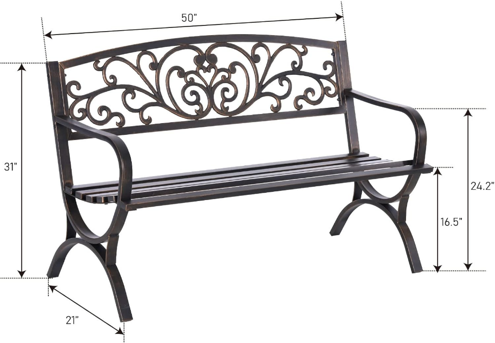 50 Inches Outdoor Garden Bench, Cast Iron Metal Frame Patio Park Bench with Floral Pattern Backrest, Arch Legs for Porch, Lawn, Yard-Bronze