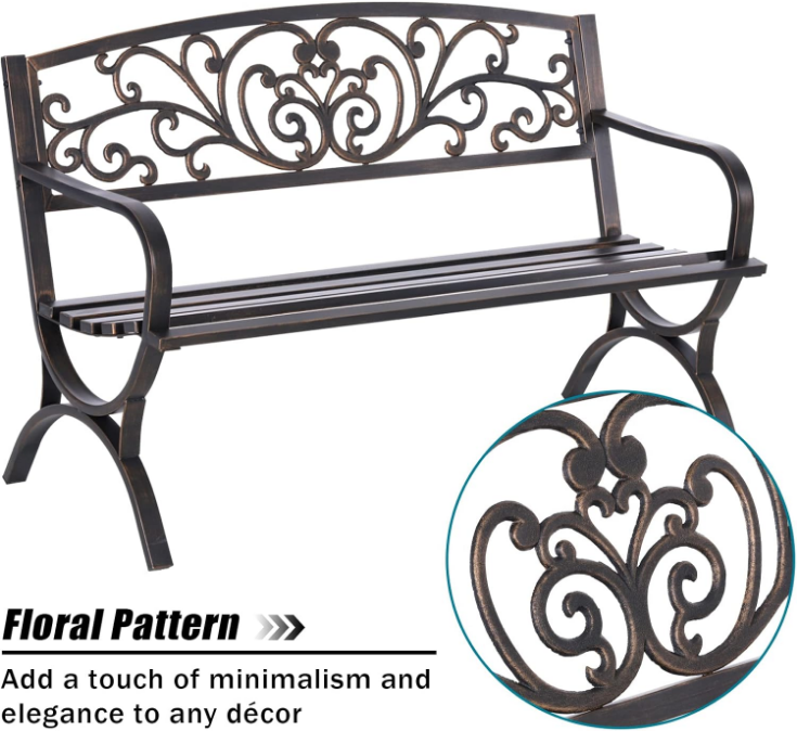 50 Inches Outdoor Garden Bench, Cast Iron Metal Frame Patio Park Bench with Floral Pattern Backrest, Arch Legs for Porch, Lawn, Yard-Bronze