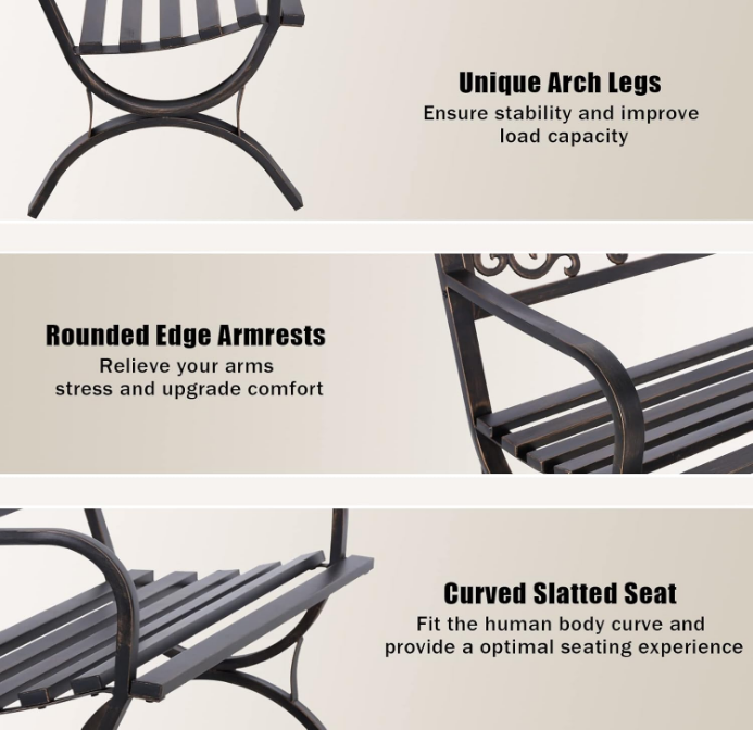 50 Inches Outdoor Garden Bench, Cast Iron Metal Frame Patio Park Bench with Floral Pattern Backrest, Arch Legs for Porch, Lawn, Yard-Bronze