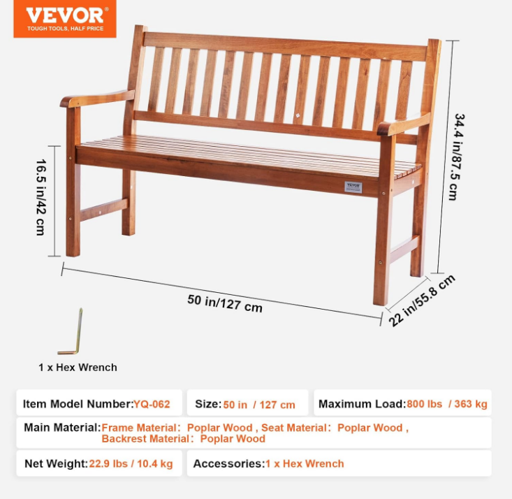 Wood Outdoor Bench, 2-Person Garden Bench with Backrest and Armrests, 800 lbs Load Capacity,All-Weather Never Rot Patio Bench for Garden, Park, Yard, Front Porch