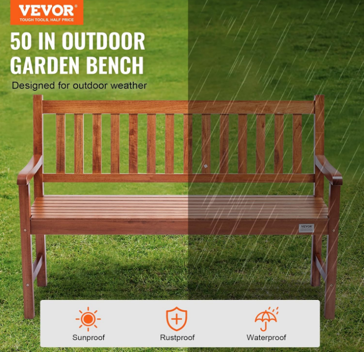 Wood Outdoor Bench, 2-Person Garden Bench with Backrest and Armrests, 800 lbs Load Capacity,All-Weather Never Rot Patio Bench for Garden, Park, Yard, Front Porch