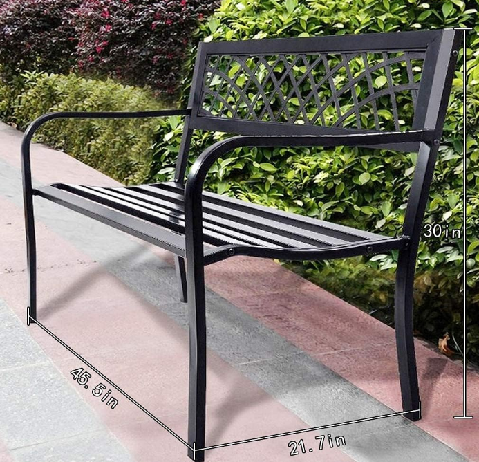 Garden Bench,Outdoor Benches,Iron Steel Frame Patio Bench with Mesh Pattern and Plastic Backrest Armrests for Lawn Yard Porch Work Entryway,Black