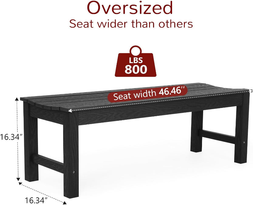 Outdoor Bench, 2-Person Patio Backless Bench, All-Weather HIPS Garden Bench, Never Rot or Fade, for Backyard, Porch, Patio, Deck, and Entryway, Black