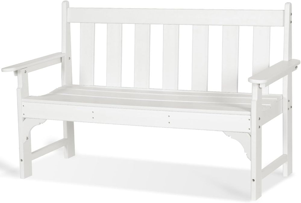 Outdoor Bench, HDPE All Weather Patio Bench Load up to 800 Lbs, 2-Person Garden Bench Rot-Proof Fade Proof for Patio, Porch, and Park (White)