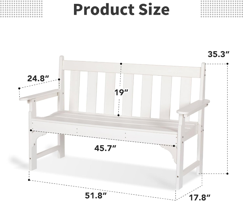 Outdoor Bench, HDPE All Weather Patio Bench Load up to 800 Lbs, 2-Person Garden Bench Rot-Proof Fade Proof for Patio, Porch, and Park (White)