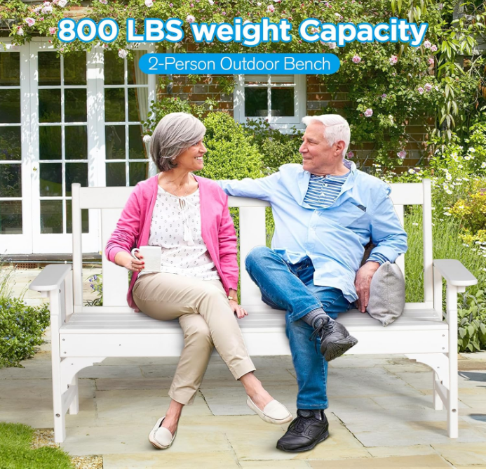 Outdoor Bench, HDPE All Weather Patio Bench Load up to 800 Lbs, 2-Person Garden Bench Rot-Proof Fade Proof for Patio, Porch, and Park (White)