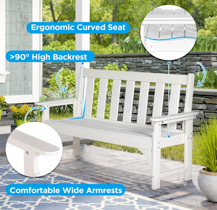Outdoor Bench, HDPE All Weather Patio Bench Load up to 800 Lbs, 2-Person Garden Bench Rot-Proof Fade Proof for Patio, Porch, and Park (White)
