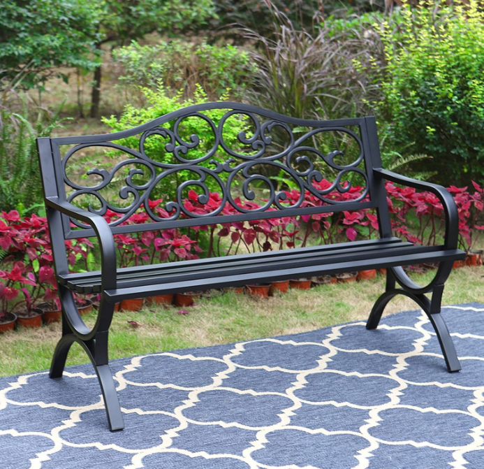50 Inches Outdoor Garden Bench, Cast Iron Metal Frame Patio Park Bench with Floral Pattern Backrest, Arch Legs for Porch Lawn Garden Yard(Black)