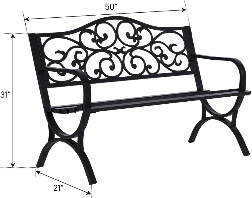 50 Inches Outdoor Garden Bench, Cast Iron Metal Frame Patio Park Bench with Floral Pattern Backrest, Arch Legs for Porch Lawn Garden Yard(Black)