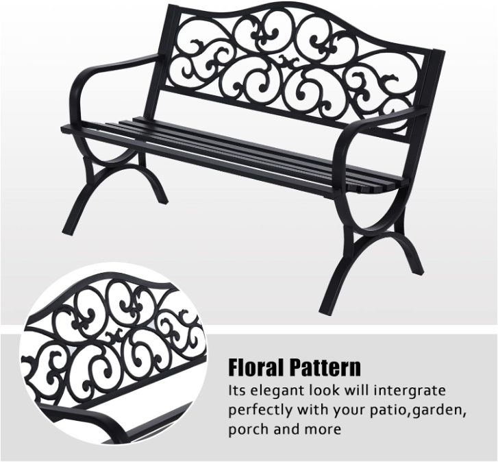 50 Inches Outdoor Garden Bench, Cast Iron Metal Frame Patio Park Bench with Floral Pattern Backrest, Arch Legs for Porch Lawn Garden Yard(Black)