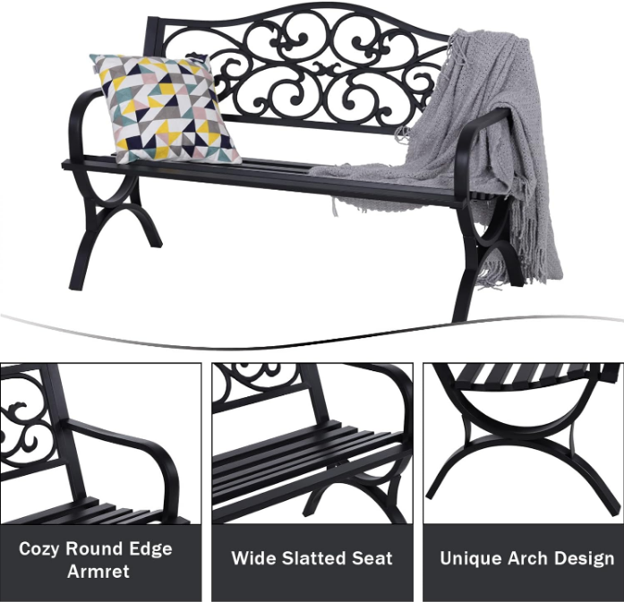 50 Inches Outdoor Garden Bench, Cast Iron Metal Frame Patio Park Bench with Floral Pattern Backrest, Arch Legs for Porch Lawn Garden Yard(Black)