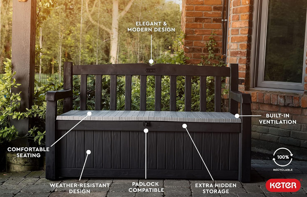 70 Gallon Storage Bench Deck Box for Patio Storage, Front Porch Decor and Outdoor Seating – Perfect to Store Garden Tools and Pool Floats, Graphite