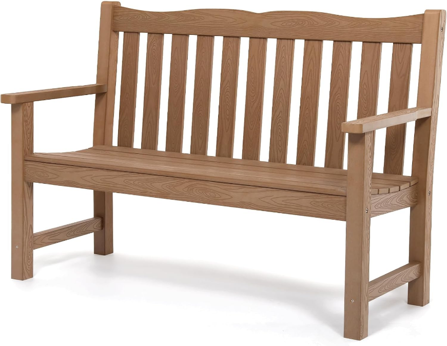 Outdoor Bench, 2-Person Poly Lumber Garden Bench, All-Weather Outside Bench with 800 lbs Weight Capacity, Never Rot or Fade, Looks Like Real Wood, Teak
