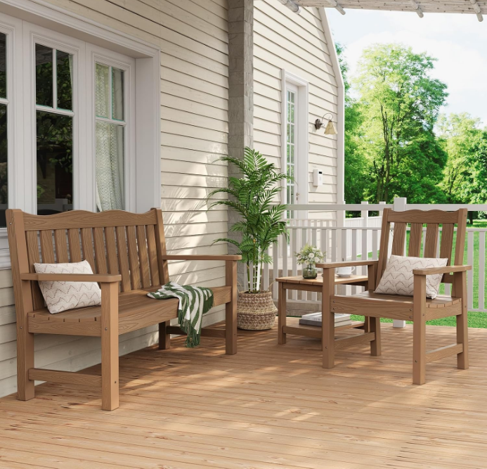 Outdoor Bench, 2-Person Poly Lumber Garden Bench, All-Weather Outside Bench with 800 lbs Weight Capacity, Never Rot or Fade, Looks Like Real Wood, Teak