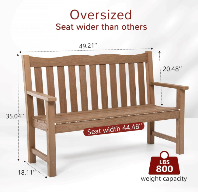 Outdoor Bench, 2-Person Poly Lumber Garden Bench, All-Weather Outside Bench with 800 lbs Weight Capacity, Never Rot or Fade, Looks Like Real Wood, Teak