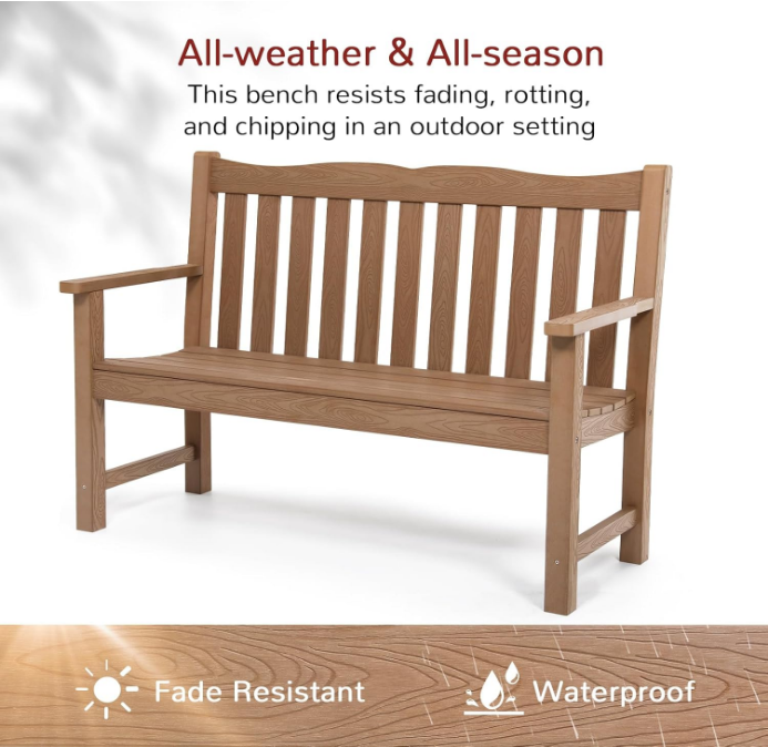 Outdoor Bench, 2-Person Poly Lumber Garden Bench, All-Weather Outside Bench with 800 lbs Weight Capacity, Never Rot or Fade, Looks Like Real Wood, Teak