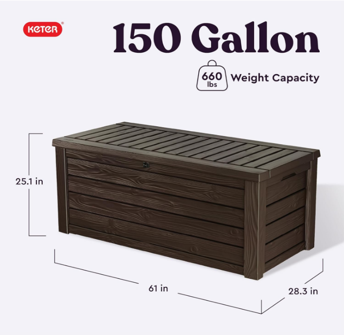  Outdoor Storage Deck Box, 150 Gallon Resin Patio Bin & Bench, Wood Grain, Brown