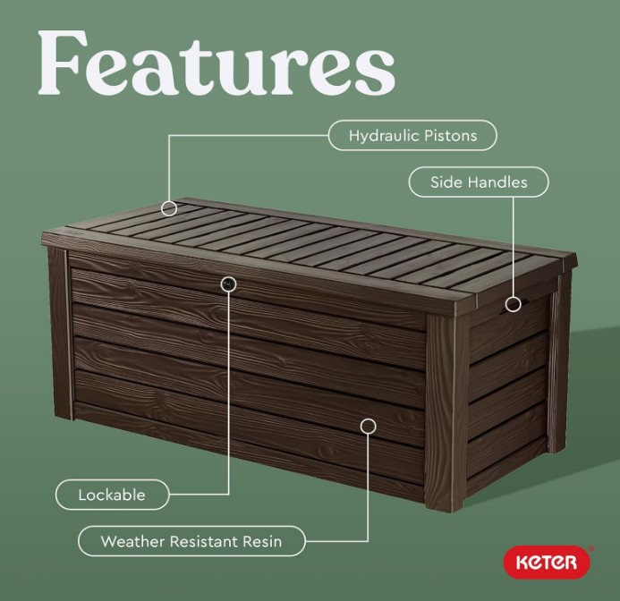  Outdoor Storage Deck Box, 150 Gallon Resin Patio Bin & Bench, Wood Grain, Brown