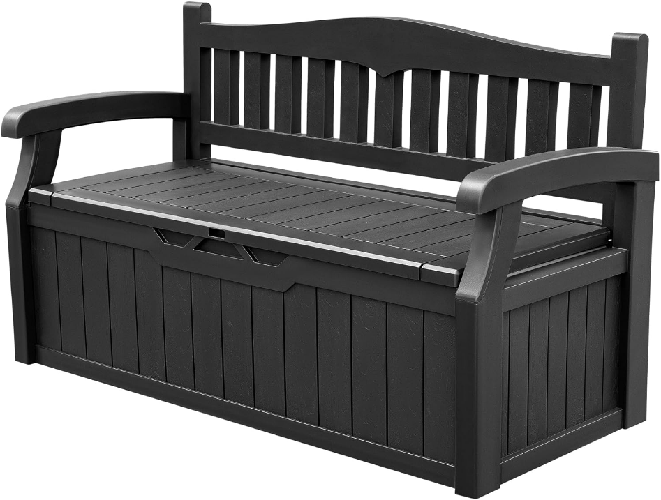 80 Gallon Storage Bench Deck Box Lockable for Patio Furniture, Garden Decor and Outdoor Seating for Cushions, Garden Tools and Pool Supplies (Black)