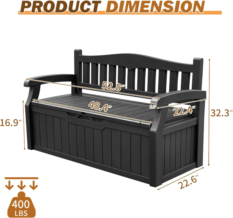 80 Gallon Storage Bench Deck Box Lockable for Patio Furniture, Garden Decor and Outdoor Seating for Cushions, Garden Tools and Pool Supplies (Black)