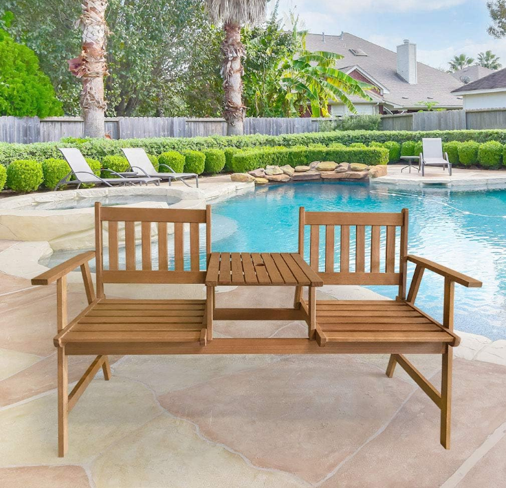 Outdoor Patio Bench Wood Garden Bench Park Bench Acacia Wood with Table for Pool Beach Backyard Balcony Porch Deck Garden Wooden Furniture