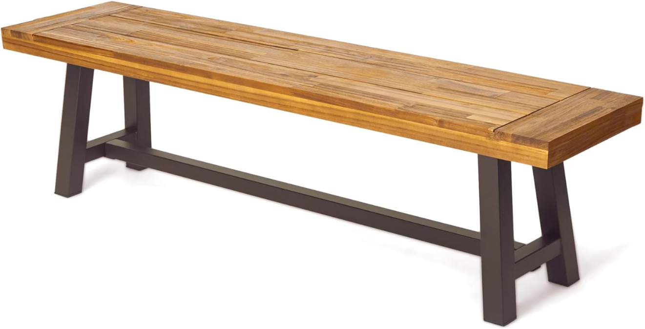Outdoor Acacia Wood and Rustic Metal Bench, Sandblast Finish / Rustic Metal 14. 75 x 63 x 17. 50 inches