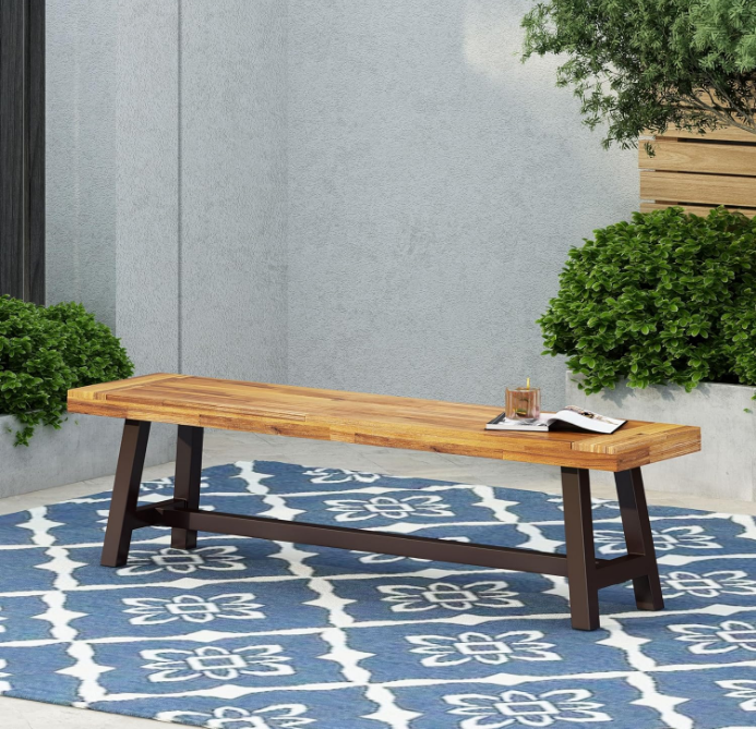 Outdoor Acacia Wood and Rustic Metal Bench, Sandblast Finish / Rustic Metal 14. 75 x 63 x 17. 50 inches