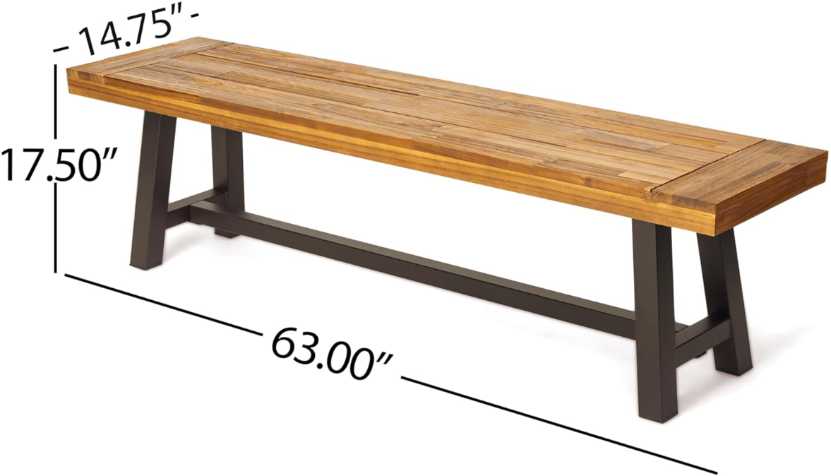 Outdoor Acacia Wood and Rustic Metal Bench, Sandblast Finish / Rustic Metal 14. 75 x 63 x 17. 50 inches