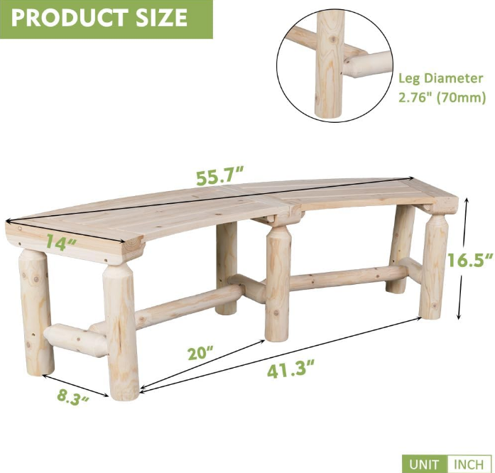 Wooden Curved Backless Porch Bench Rustic Style Cedar/Fir Wood Log Fire Pit Bench for Patio Garden Deck and Backyard, 40"-55" W×14" D×16.5" H, Natural Finish